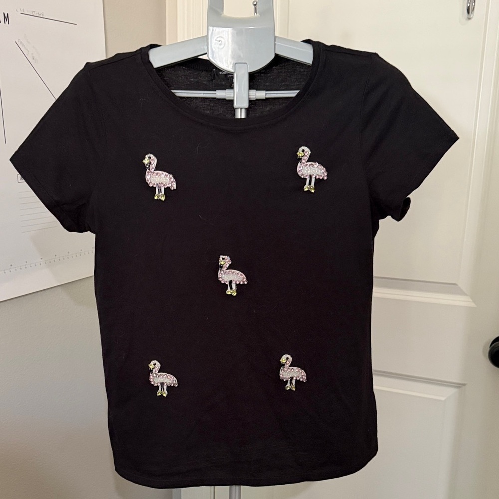 Romeo & Juliet Couture Black Tee with bling Pink Flamingos